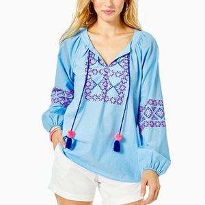 Lilly Pulitzer Cecile Zanzibar Blue Embroidered Long Sleeve Tunic Top Medium NWT